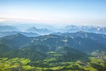 Germany, Bavaria, Chiemgau, Prien, Aerial view of Alps, Kampenwand in the foreground, Kaiser Mountains in the background — Stock Photo