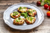 Pizza de berenjena, rebanadas de berenjena con salsa de tomate y queso, gratinado, bajo en carbohidratos - foto de stock