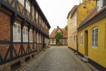 Dinamarca, Jutlandia, Ribe, pintoresco callejón con casas enmarcadas en madera - foto de stock