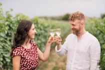 Couple toasting with white wine in the vineyards — Stock Photo