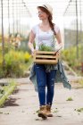 Bella giovane donna in possesso di scatola di legno con piante in serra — Foto stock