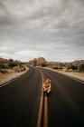 Donna seduta su strada, Joshua Tree National Park, California, USA — Foto stock