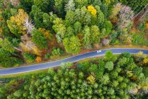 Allemagne, Bade-Wurtemberg, Vue aérienne de la voiture conduisant le long de la route traversant la forêt verte de Souabe-Franconie en automne — Photo de stock