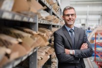 Portrait of a confident mature businessman at a shelf in a factory — Stock Photo