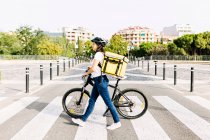 Consegna donna con zaino ruote bicicletta su strada durante la giornata di sole — Foto stock
