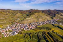 Germany, Baden-Wurttemberg, Vogtsburg im Kaiserstuhl, Aerial view of countryside village and terraced vineyards in Kaiserstuhl — Stock Photo
