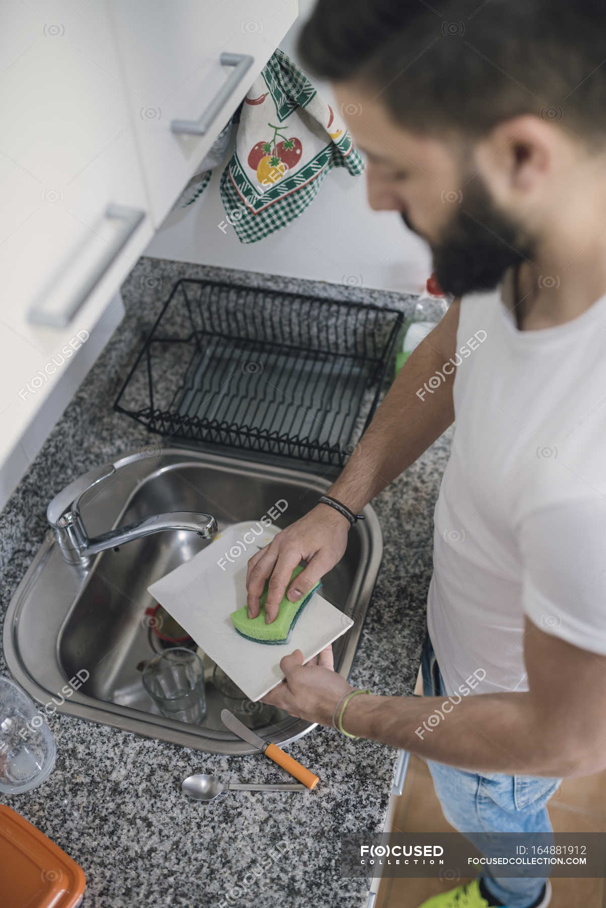 Young Man Washing Dishes Full Beard Hipster Stock Photo 164881912