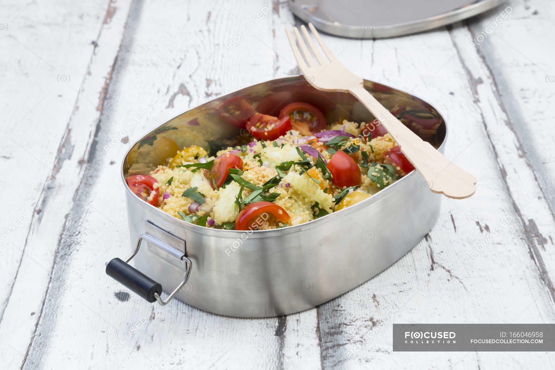 Couscous Salad In Metal Box Tasty Yellow Tomato Stock Photo