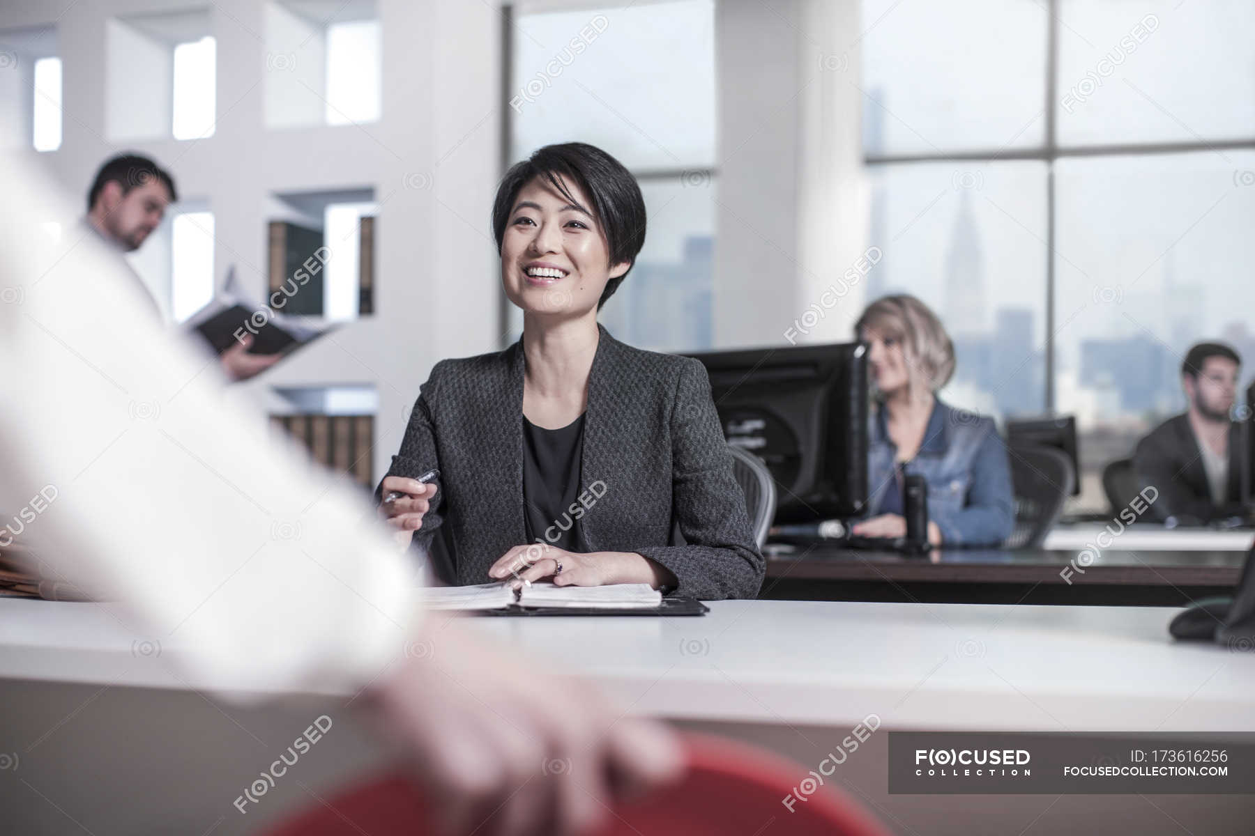 New York City Office, Woman Sitting At Desk In City Office — Office ...