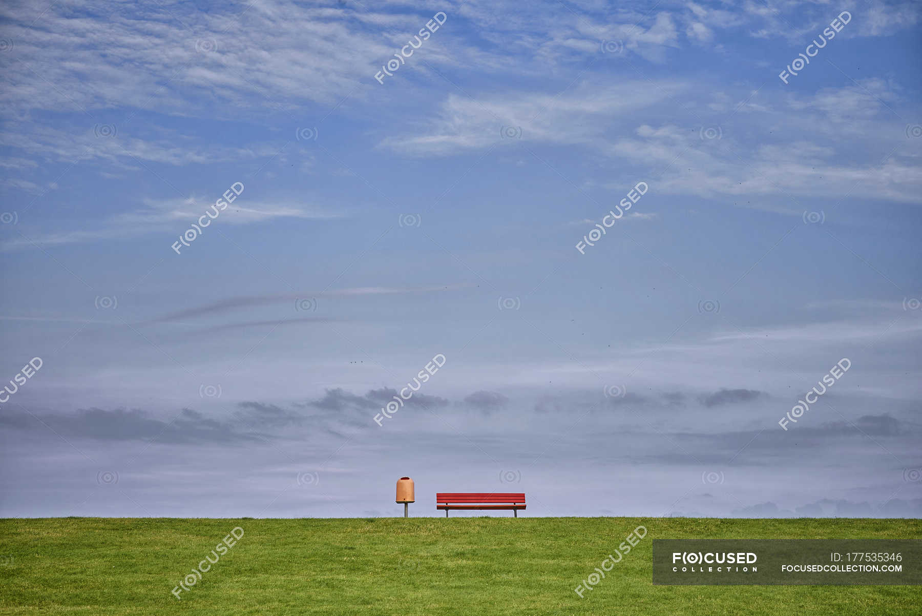 Bench And Garbage Bin On Dike Germany Dithmarschen