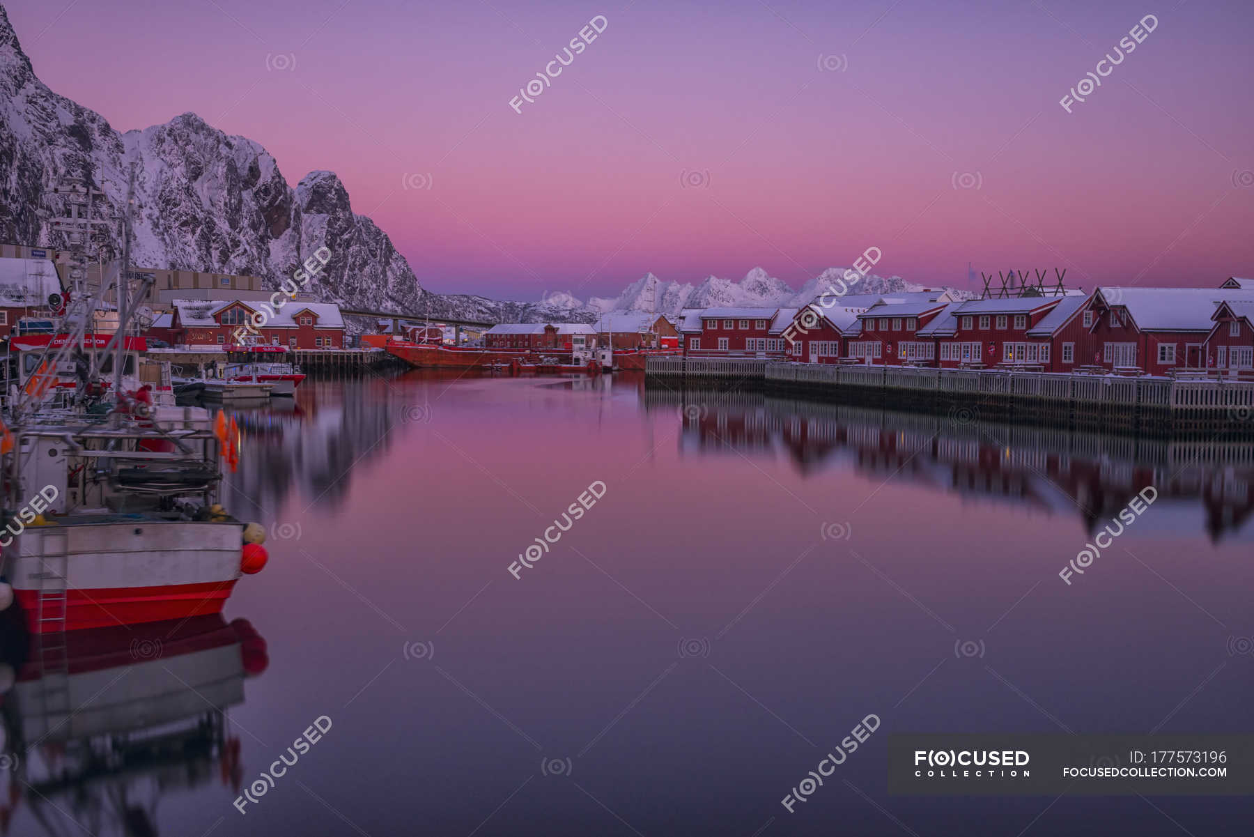 Norway, Lofoten Islands, Svolvaer, The harbor of the town at sunset ...