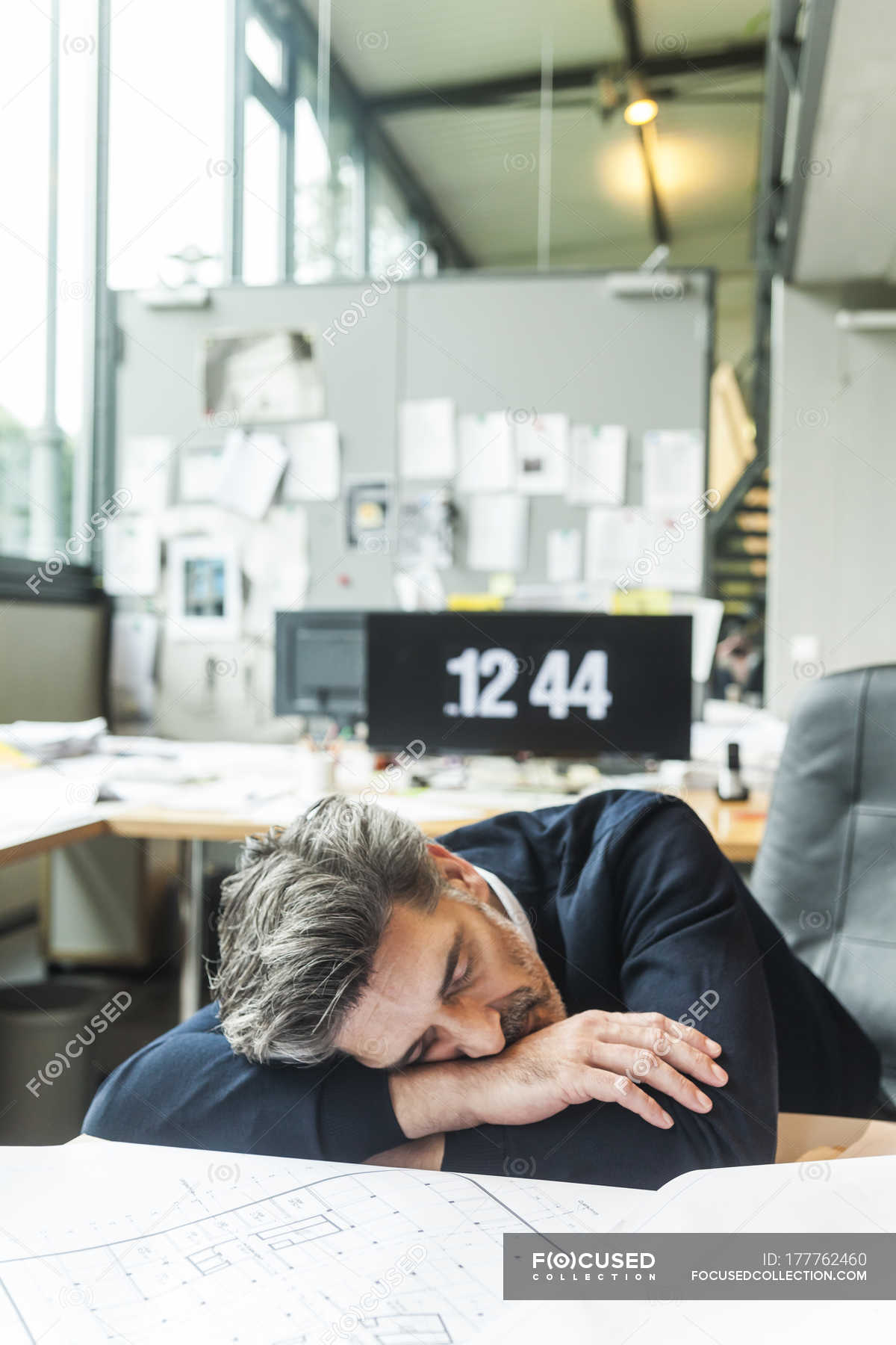Overworked Architect Sleeping At Desk In Office Man Occupation