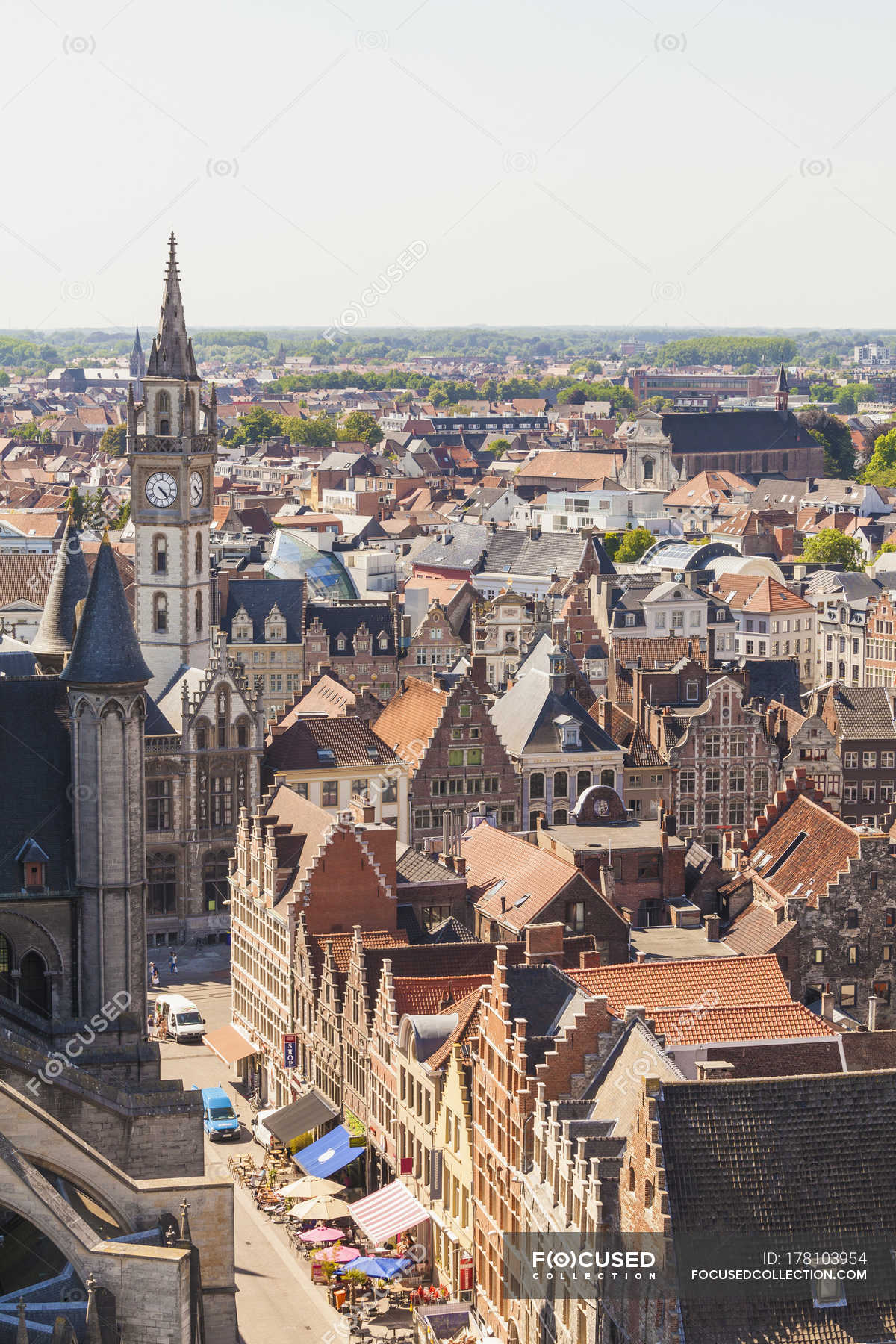 Cityscape with guild houses and belfry of the old post office, Ghent,  Belgium — tower, looking - Stock Photo | #178103954