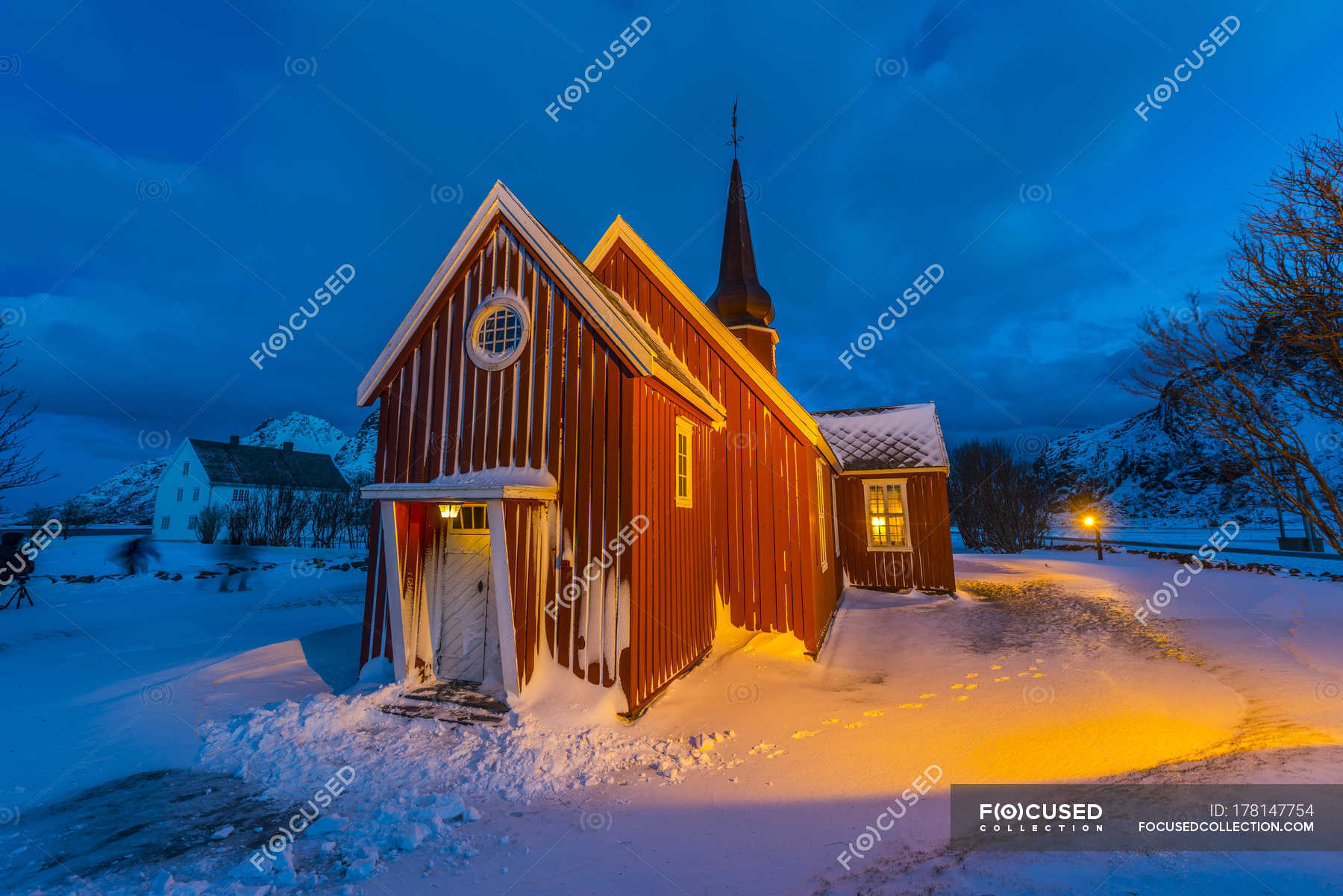 Norway Lofoten Flakstad Wooden Church By Night Travel Destination No People Stock Photo