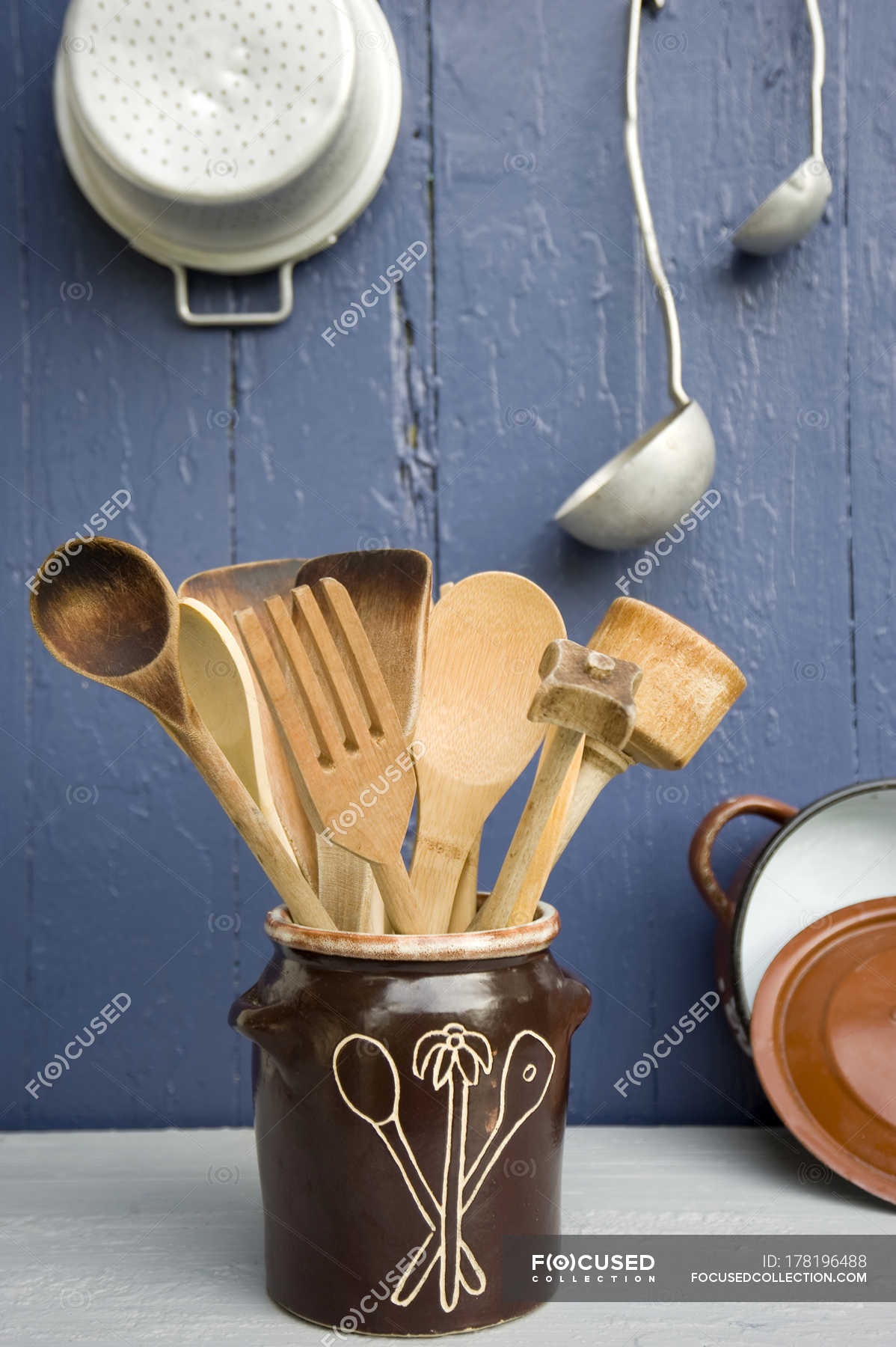 Cooking Utensils In Clay Pot Old Fashioned Colander Stock Photo 178196488
