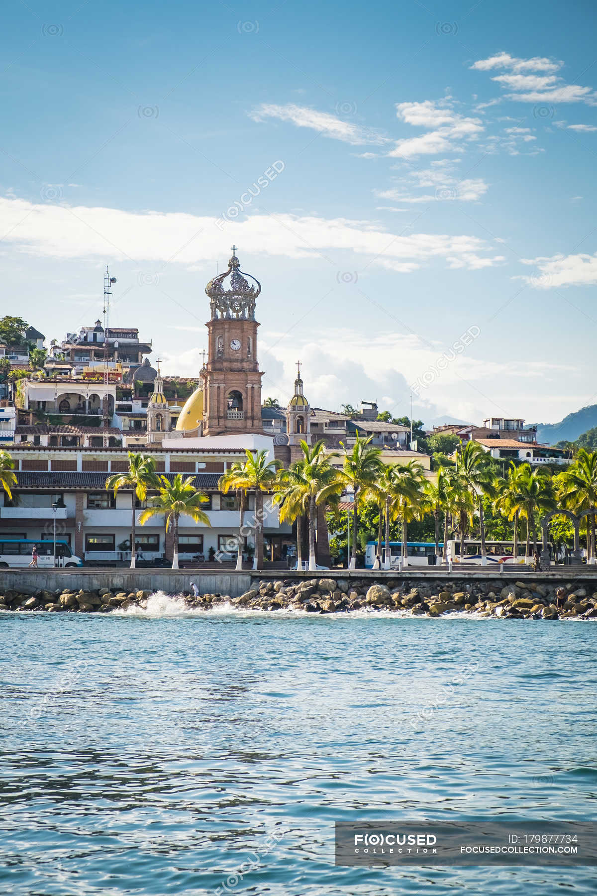 Mexico Jalisco Puerto Vallarta As Seen From Sea With Tower Of The Church Our Lady Of Guadalupe Historical Church Spire Stock Photo