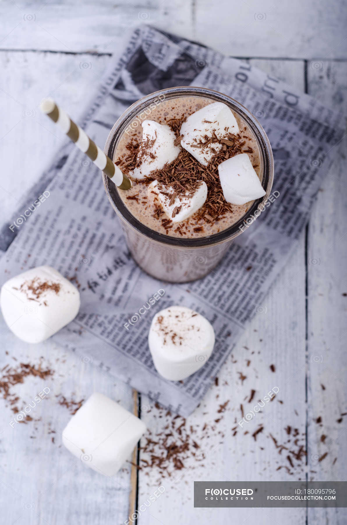 Top view of Chocolate smoothie with marshmallows — wood, drink Stock