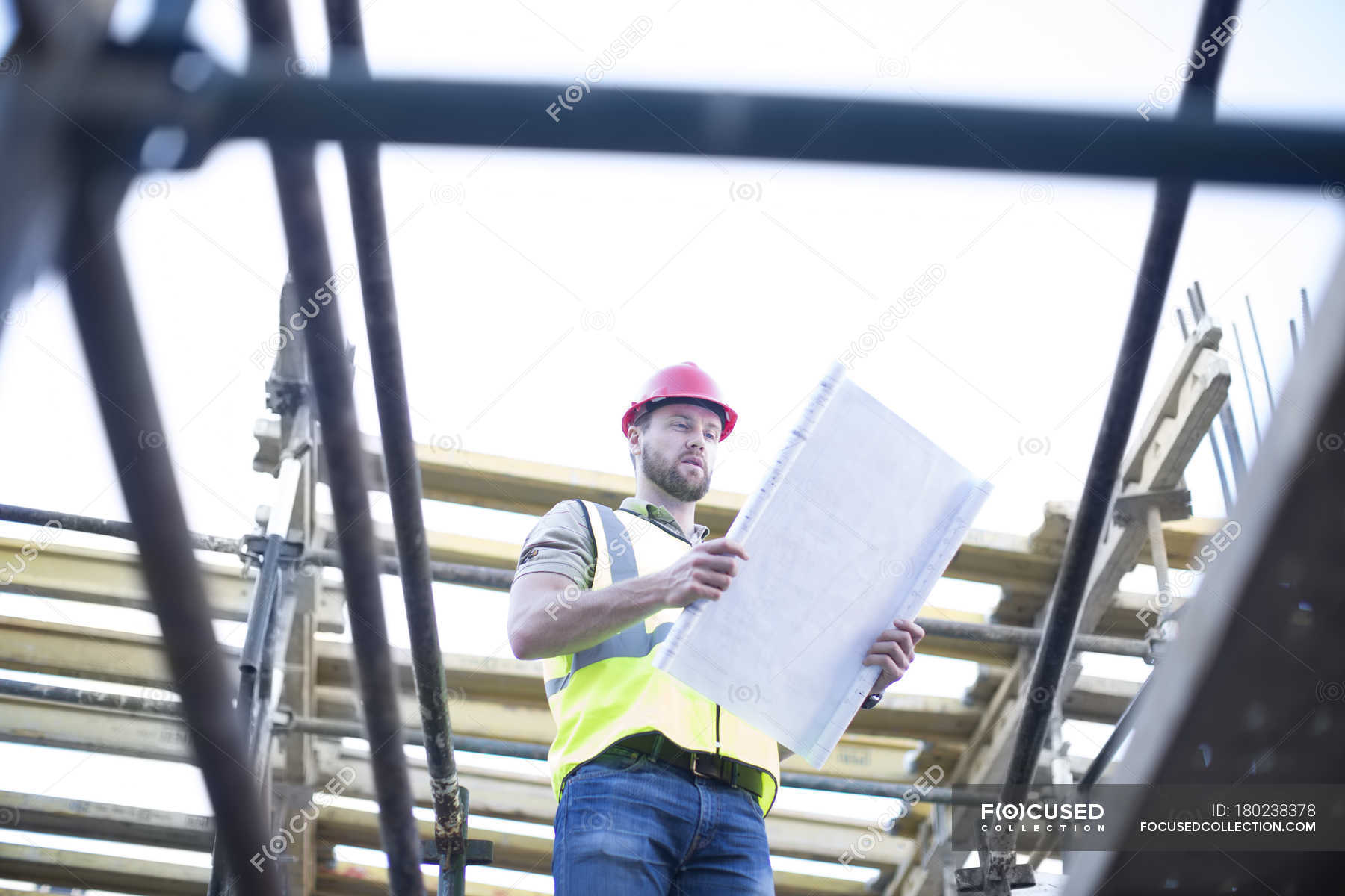 Construction worker reading plan at construction site ??? man, scaffold