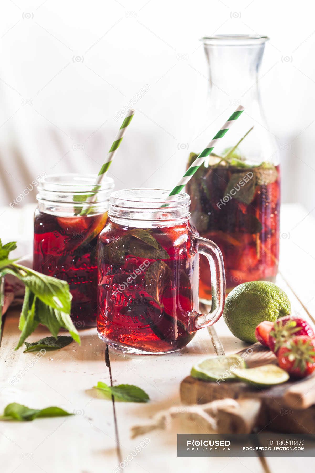 Iced Tea With Fruits Hibiscus Strawberries Mint Limes Still Life Citrus Fruits Stock Photo 180510470