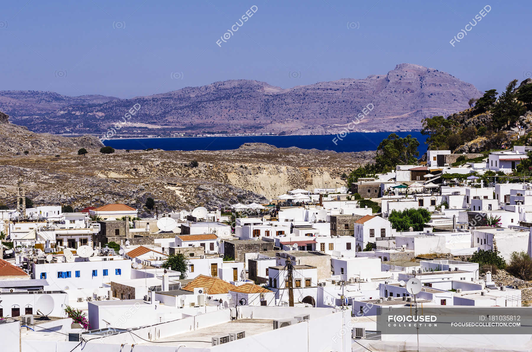 Greece, Aegean Islands, Rhodes, View To Lindos During Daytime 