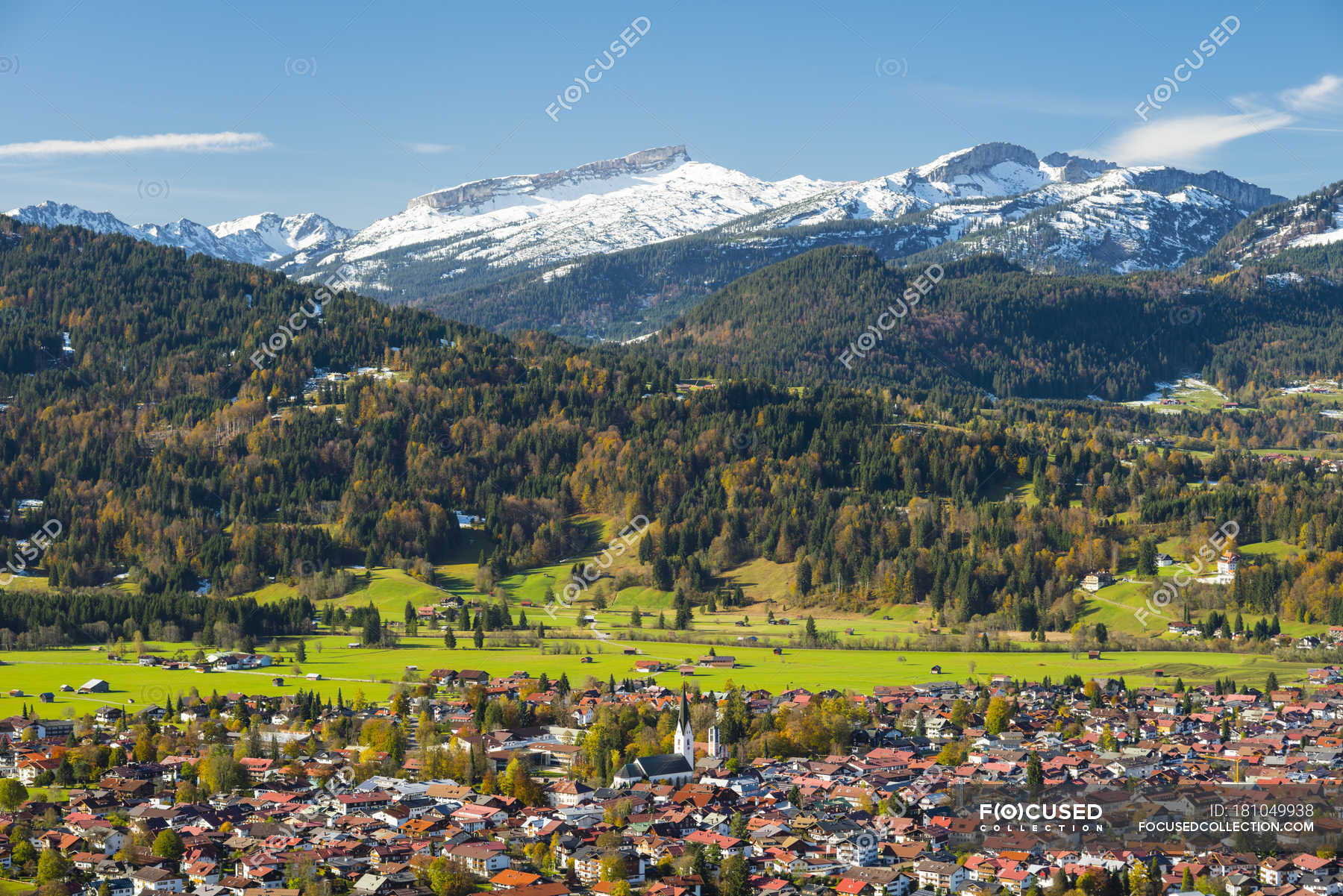 Germany Bavaria Allgaeu View To Oberstdorf In The Background Hoher Ifen Gottesacker Plateau Toreck Kleinwalsertal Vorarlberg Allgaeu Alps In Austria Forest Town Stock Photo 181049938