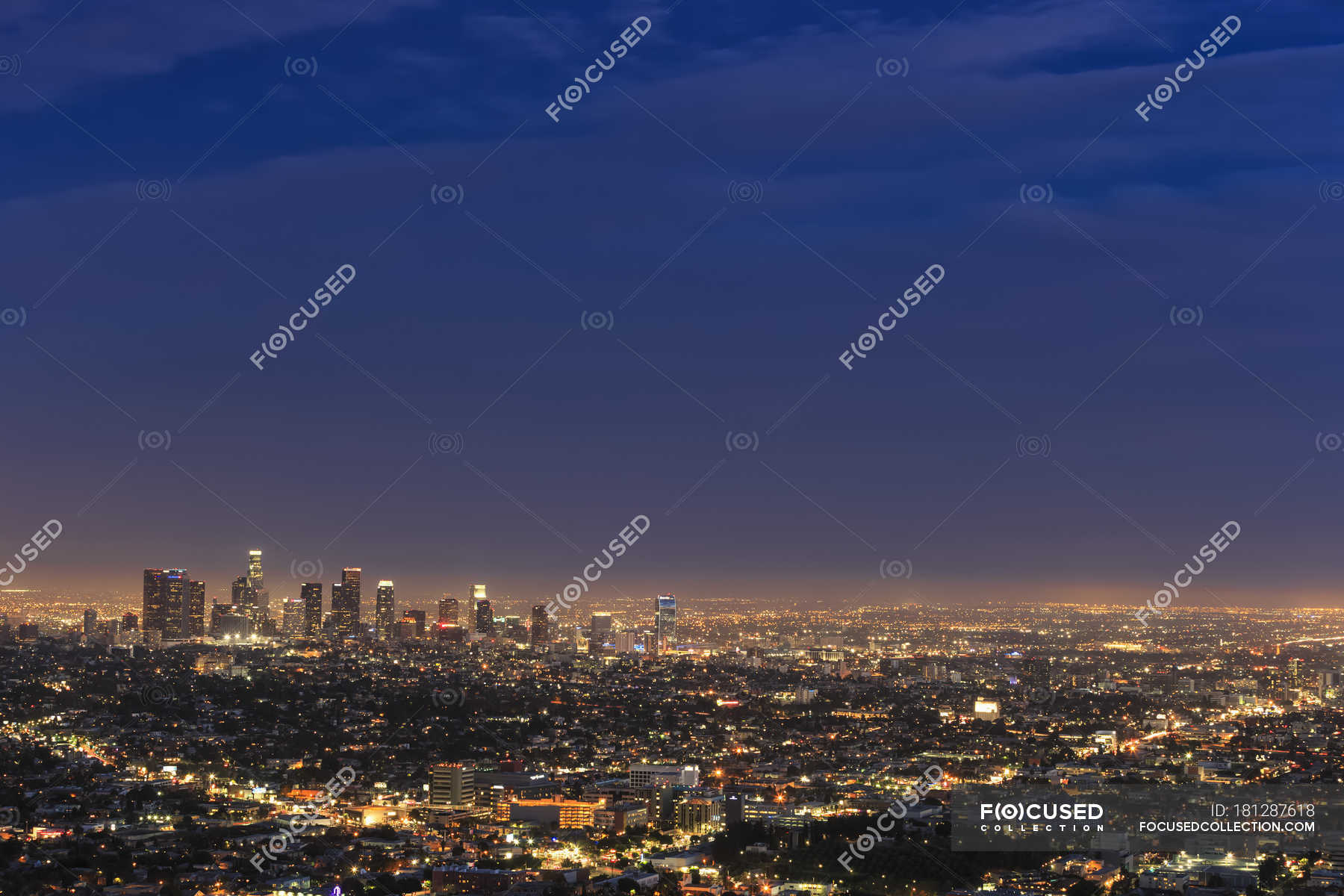 Distant view of skyline in evening at Los Angeles, California, USA