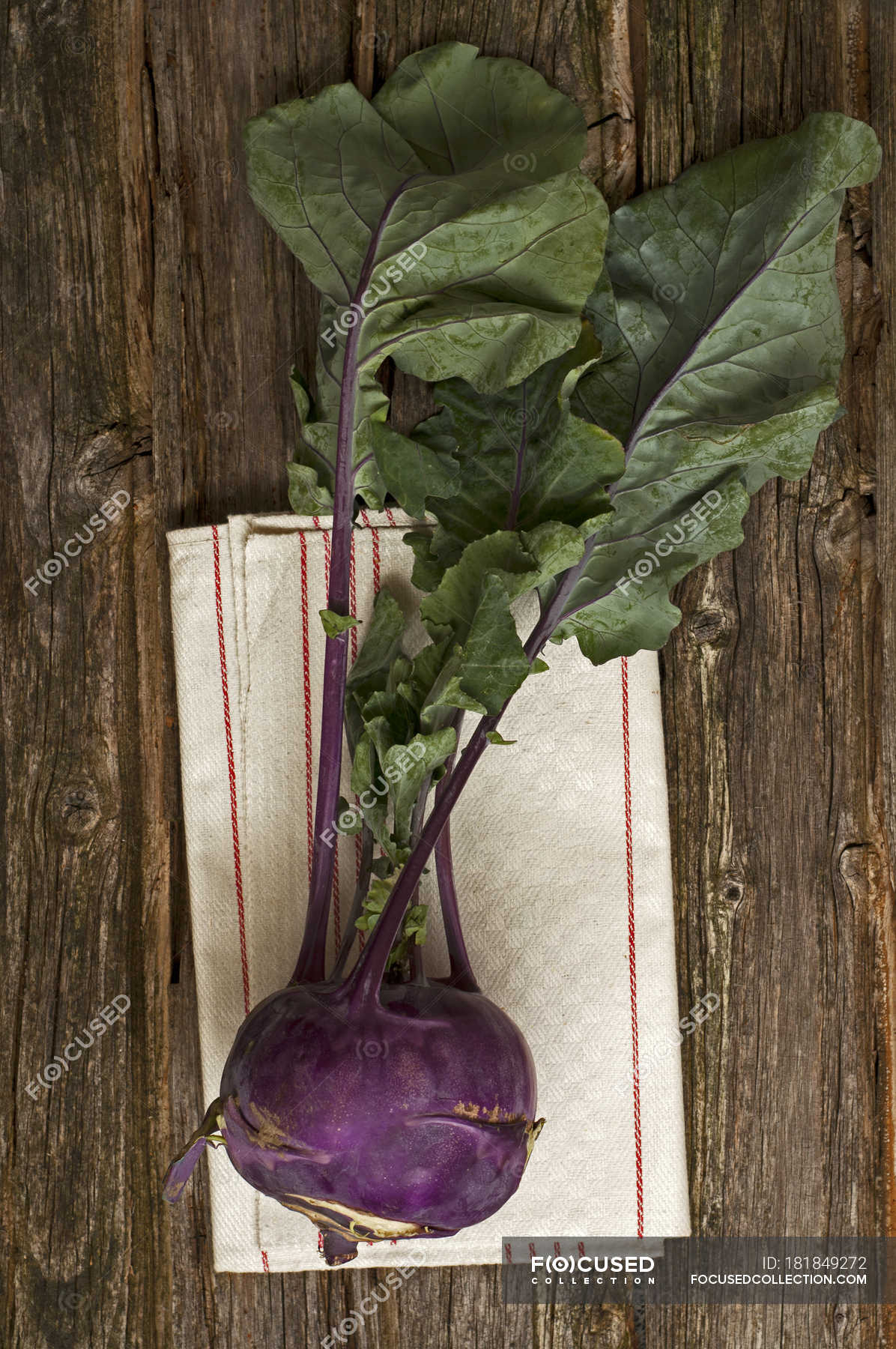 Blue cabbage turnip on dark wood with napkin — rustic, flavor Stock