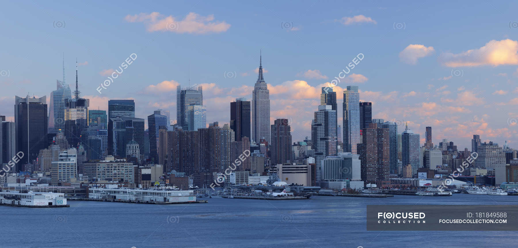 Manhattan Skyline From New Jersey Across Hudson River In Evening Dusk, New York State, New Jersey, Usa — Aerial, Financial - Stock Photo | #181849588
