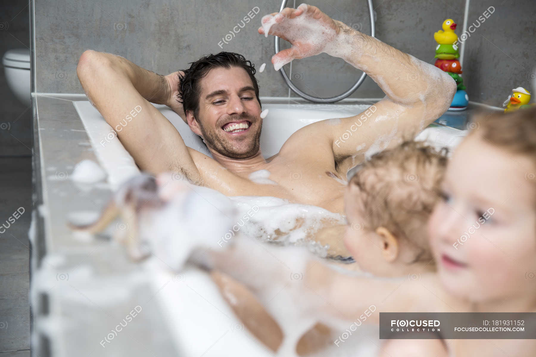 Father having fun with sons in bathtub - people, 4 5 Years - Stock Photo #1...