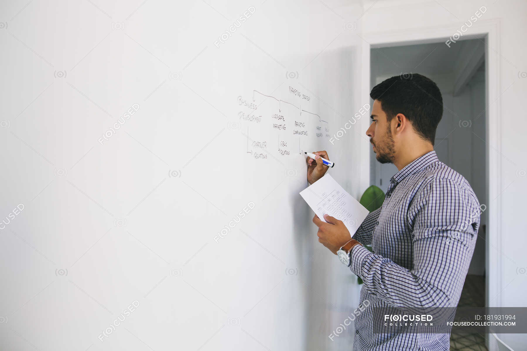 Man writing chart on wall in office — male, Presentation - Stock Photo |  #181931994