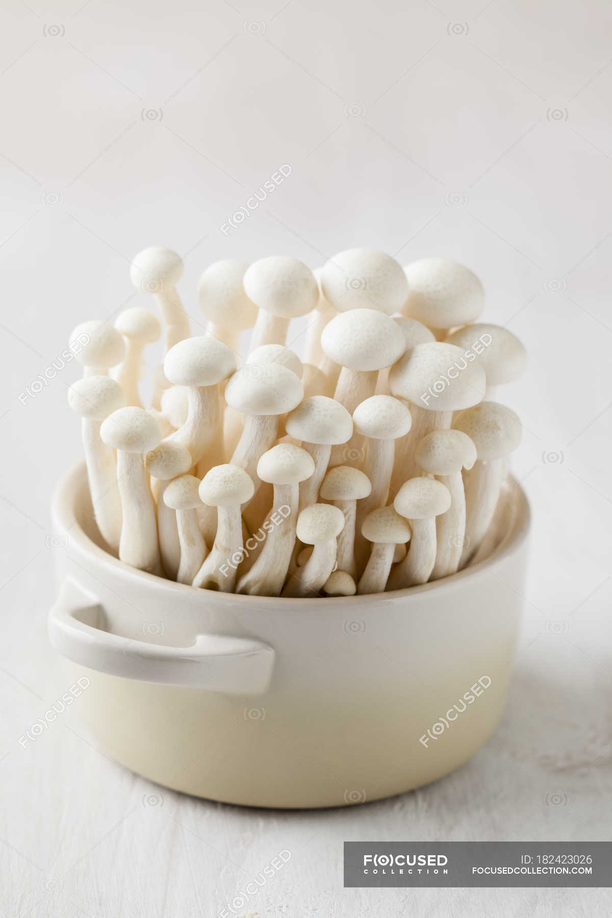 Shimeji mushrooms growing in pan — background, Healthy Eating Stock