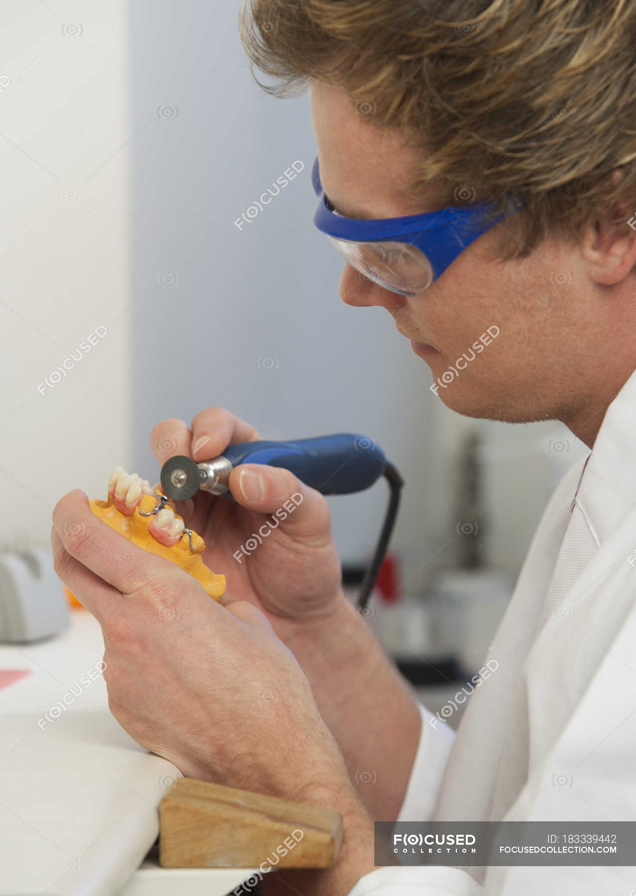 Dentist polishing dentures in dental laboratory — concentration, young