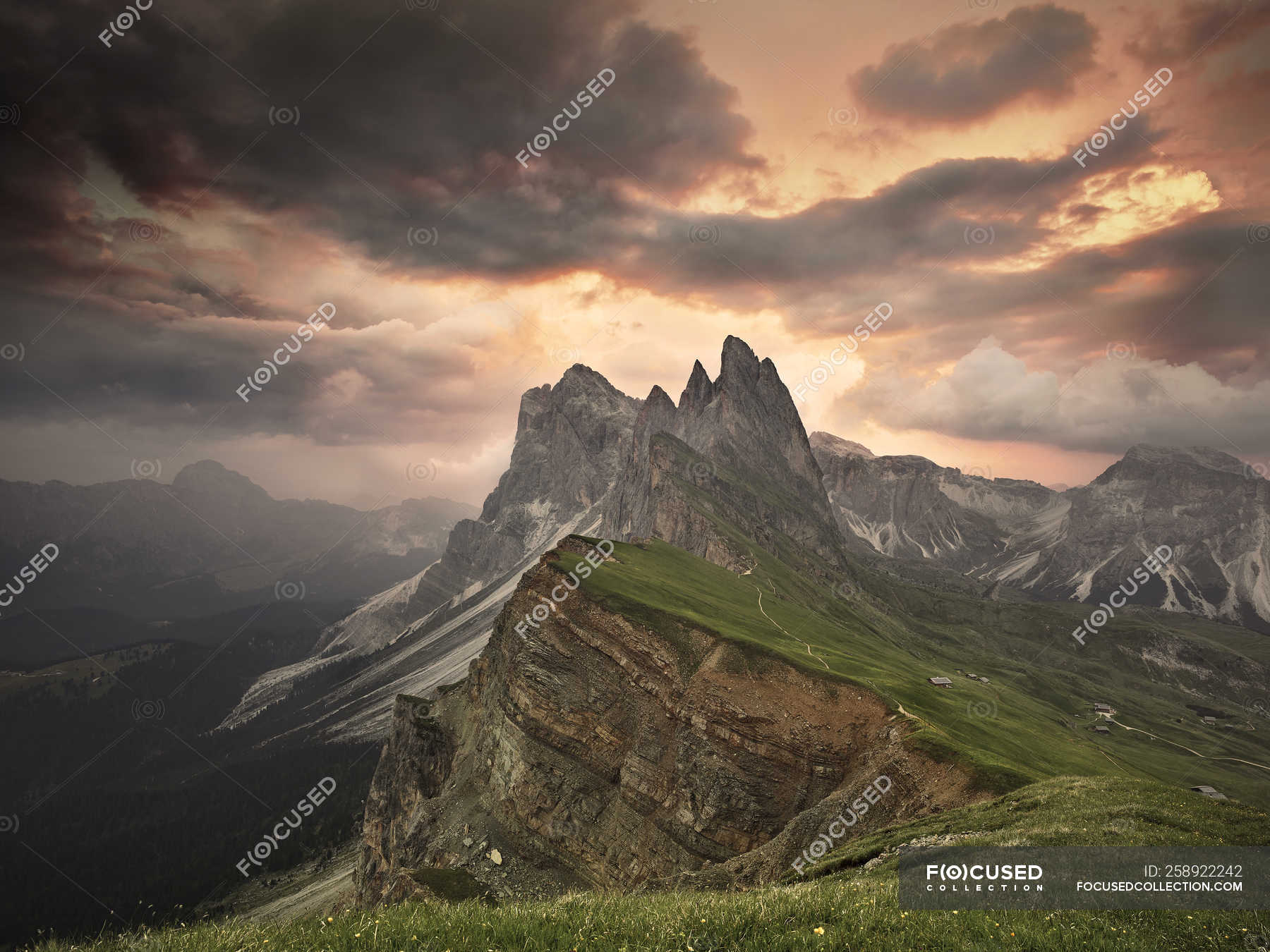 Italy South Tyrol Dolomites St Ulrich In Groeden Seceda At Sunrise Trentino Alto Adige Outdoors Stock Photo 258922242