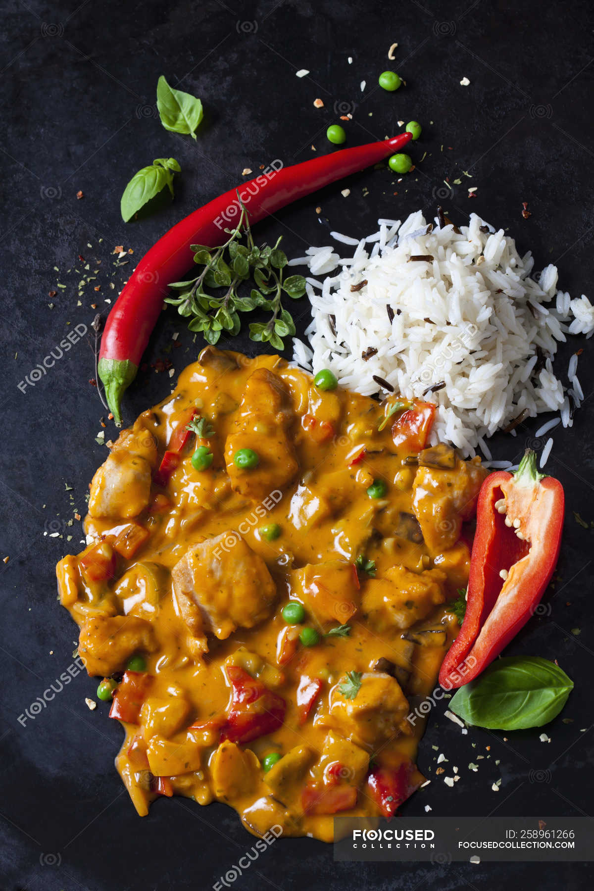 Thai Curry With Chicken Filets And Basmati Rice Poultry Hearty Stock Photo