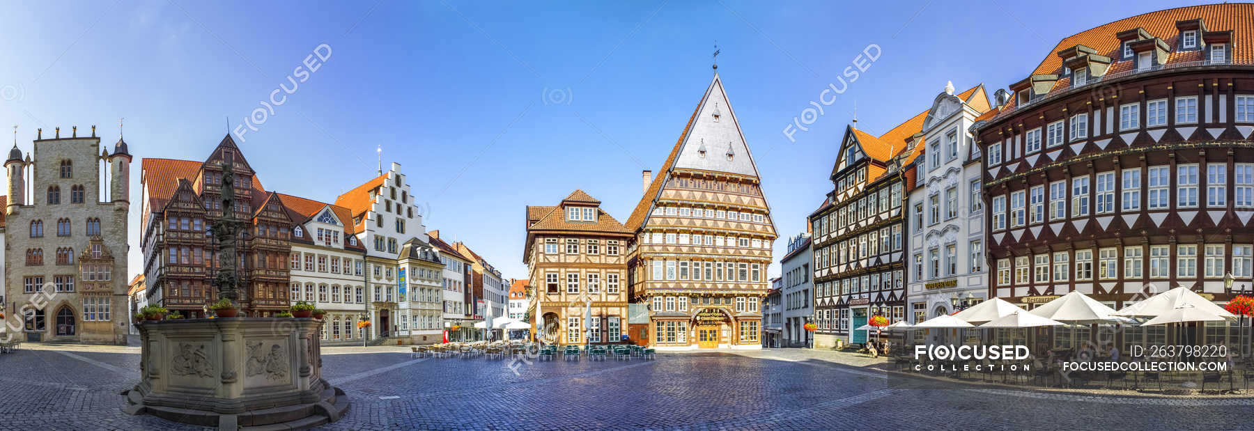 Germany Hildesheim Market Place With Roland Fountain And Butchers Guild Hall Panorama Day Stock Photo