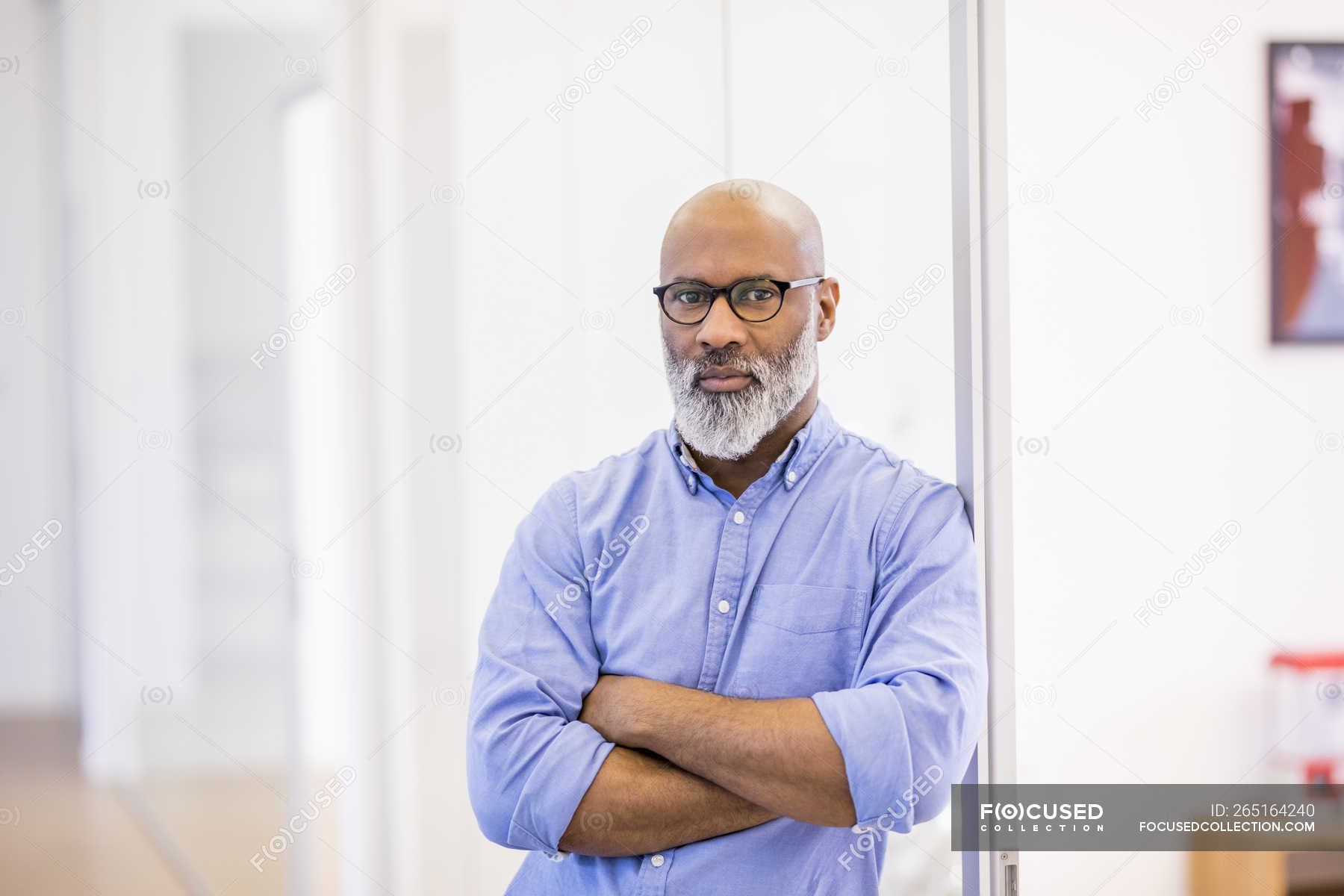 Portrait of bald african american businessman with beard and glasses in the  office — freelancer, copy space - Stock Photo | #265164240