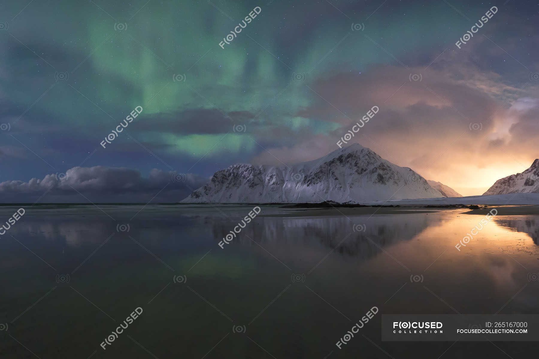 Norway Lofoten Vareid Flakstad Utakleiv Snow Covered Cold Stock Photo