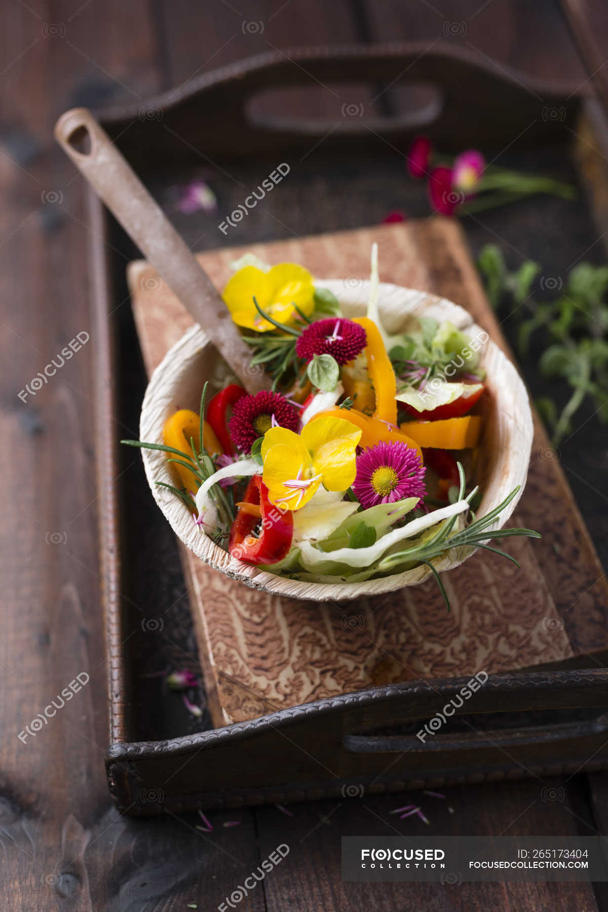 Bowl Of Mixed Salad With Herbs And Edible Flowers Vegetable Nobody Stock Photo 265173404