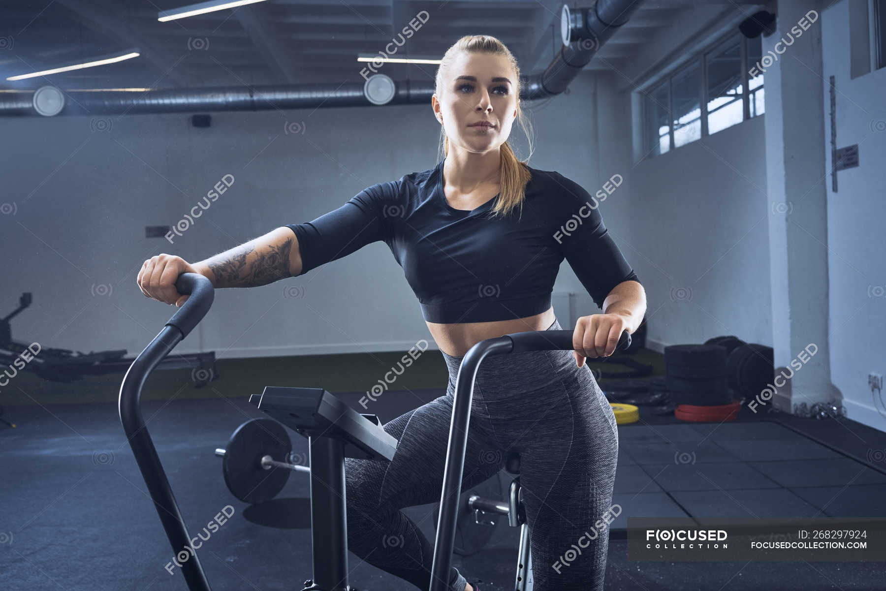 Athletic woman doing air bike workout at gym — vitality, healthy ...