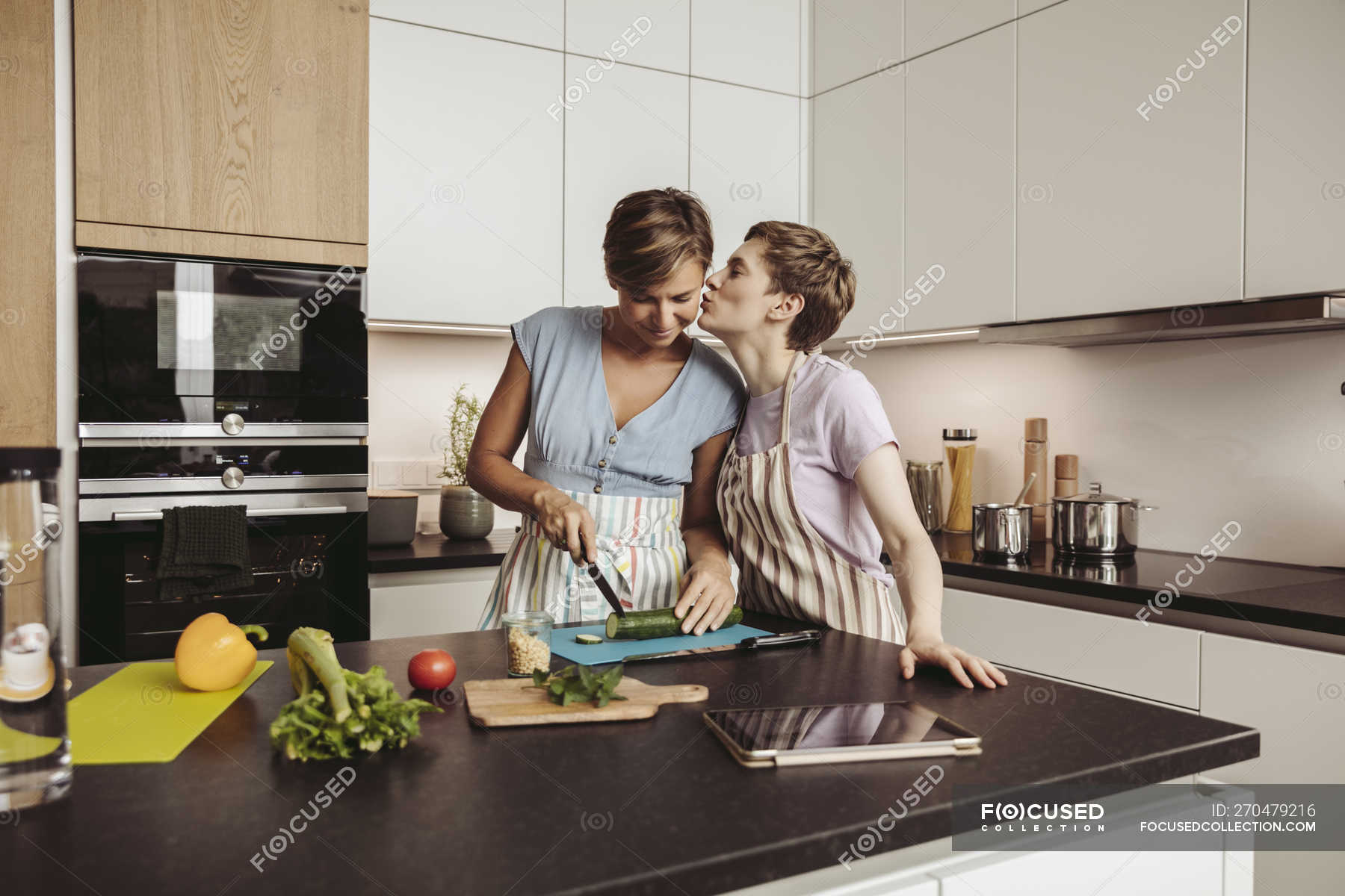 Focused 270479216 Stock Photo Happy Lesbian Couple Kitchen Cooking 