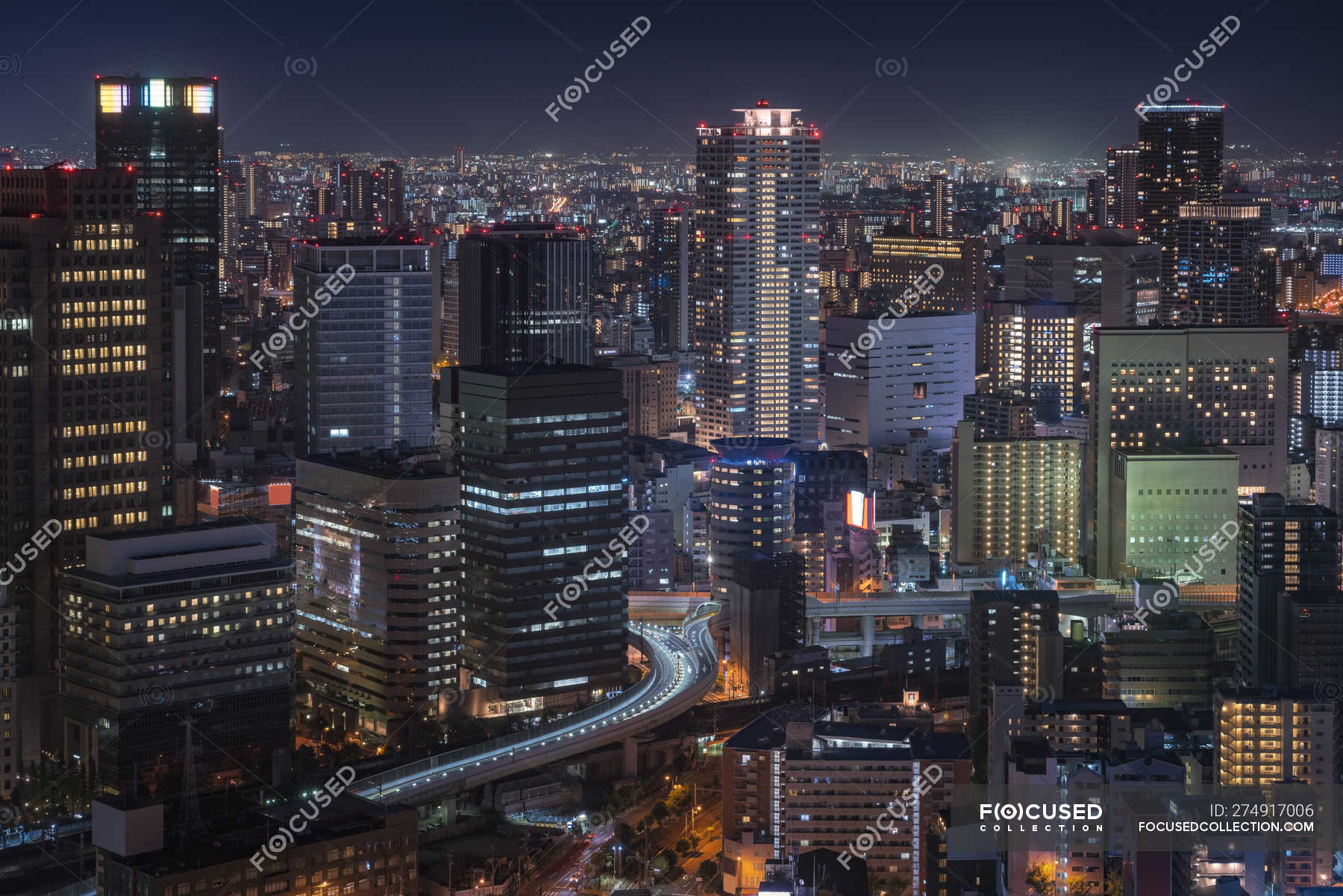 Japan, Osaka, Aerial view at night — high rise, asia - Stock Photo ...