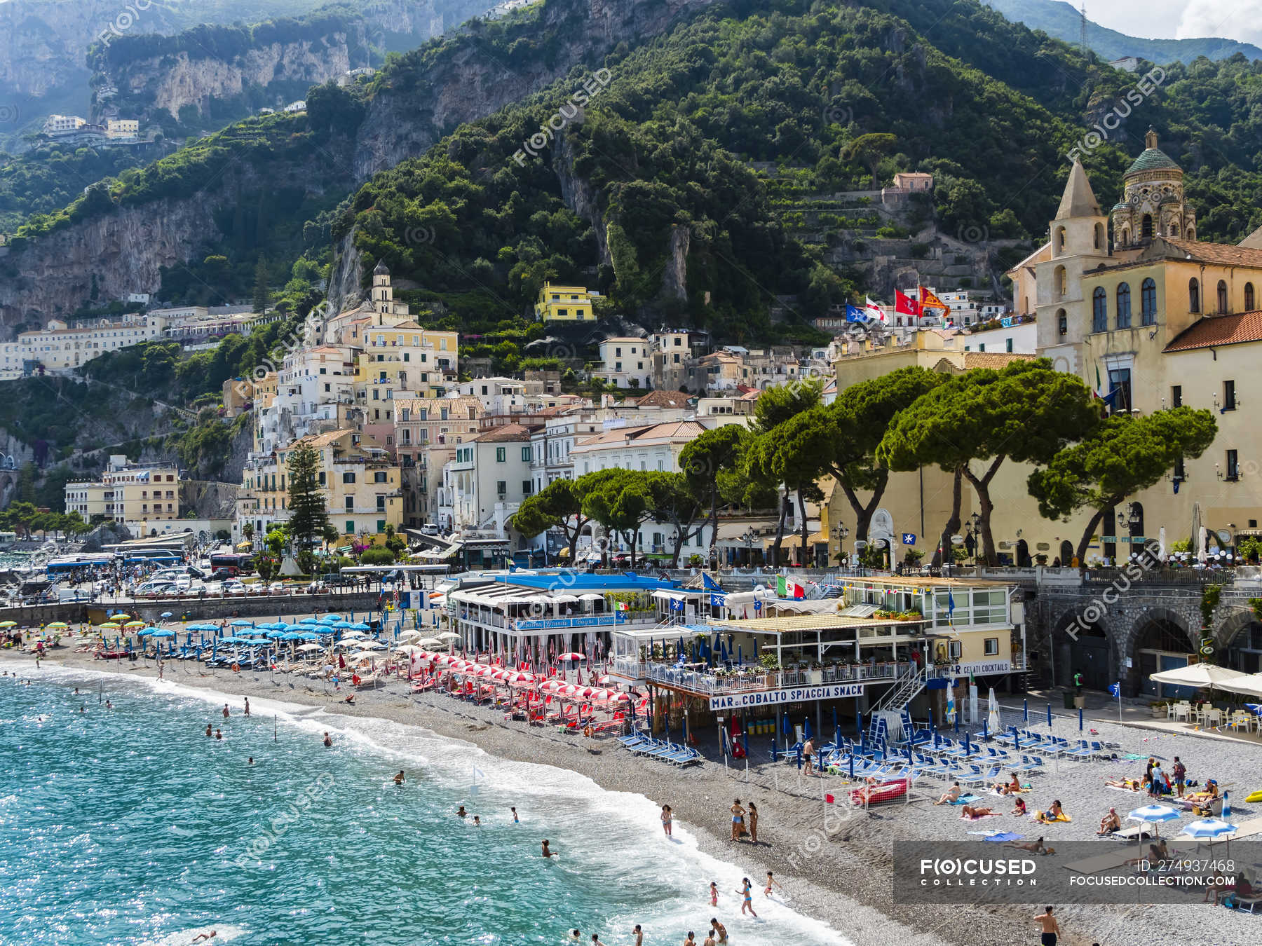 Italy Amalfi View To The Historic Old Town With Beach In The Foreground Buildings Coast Stock Photo