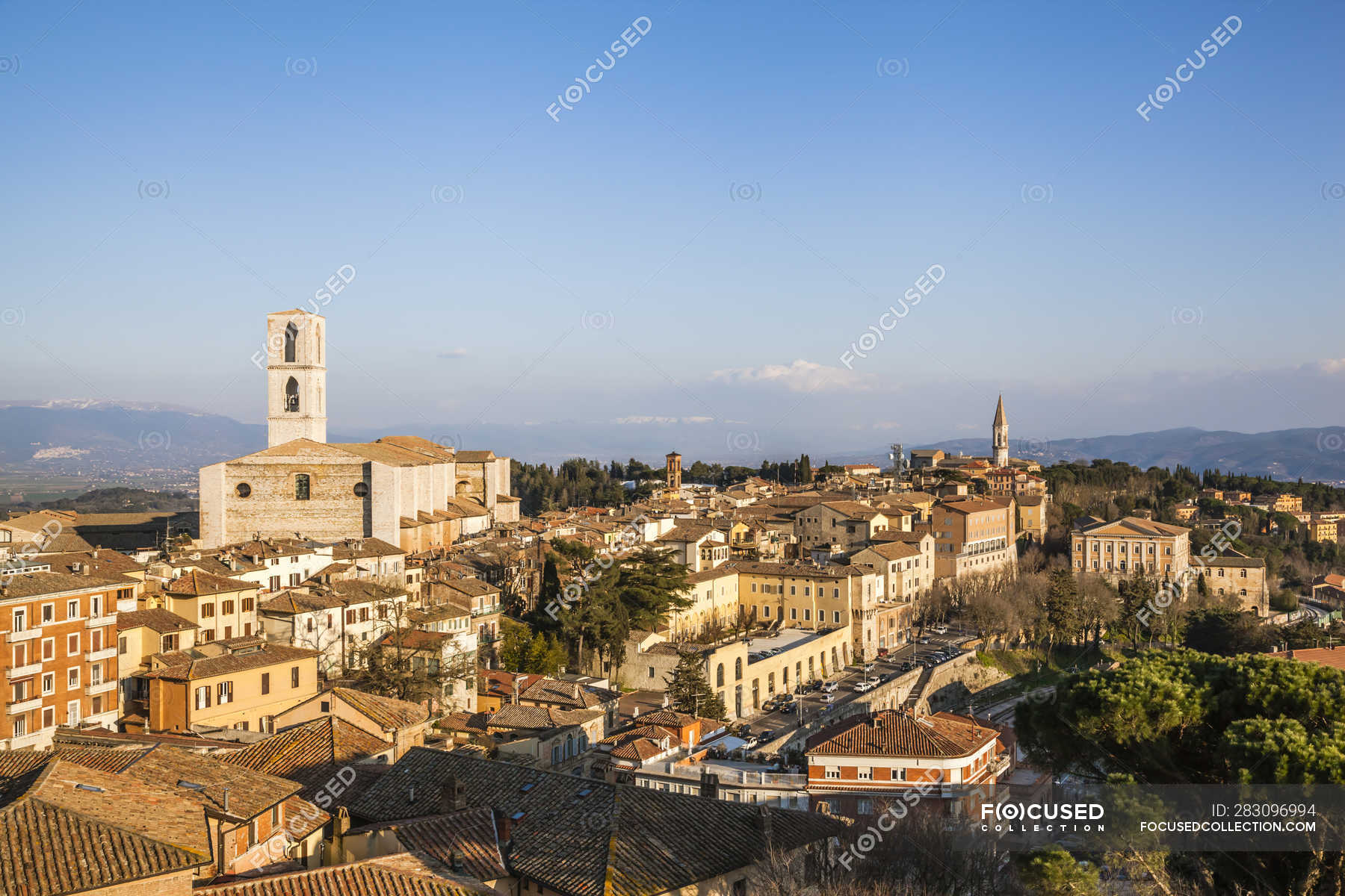 Italy Umbria Perugia View Of The City Valley And Its Surrounding Hills Rolling Landscapes Urban Stock Photo