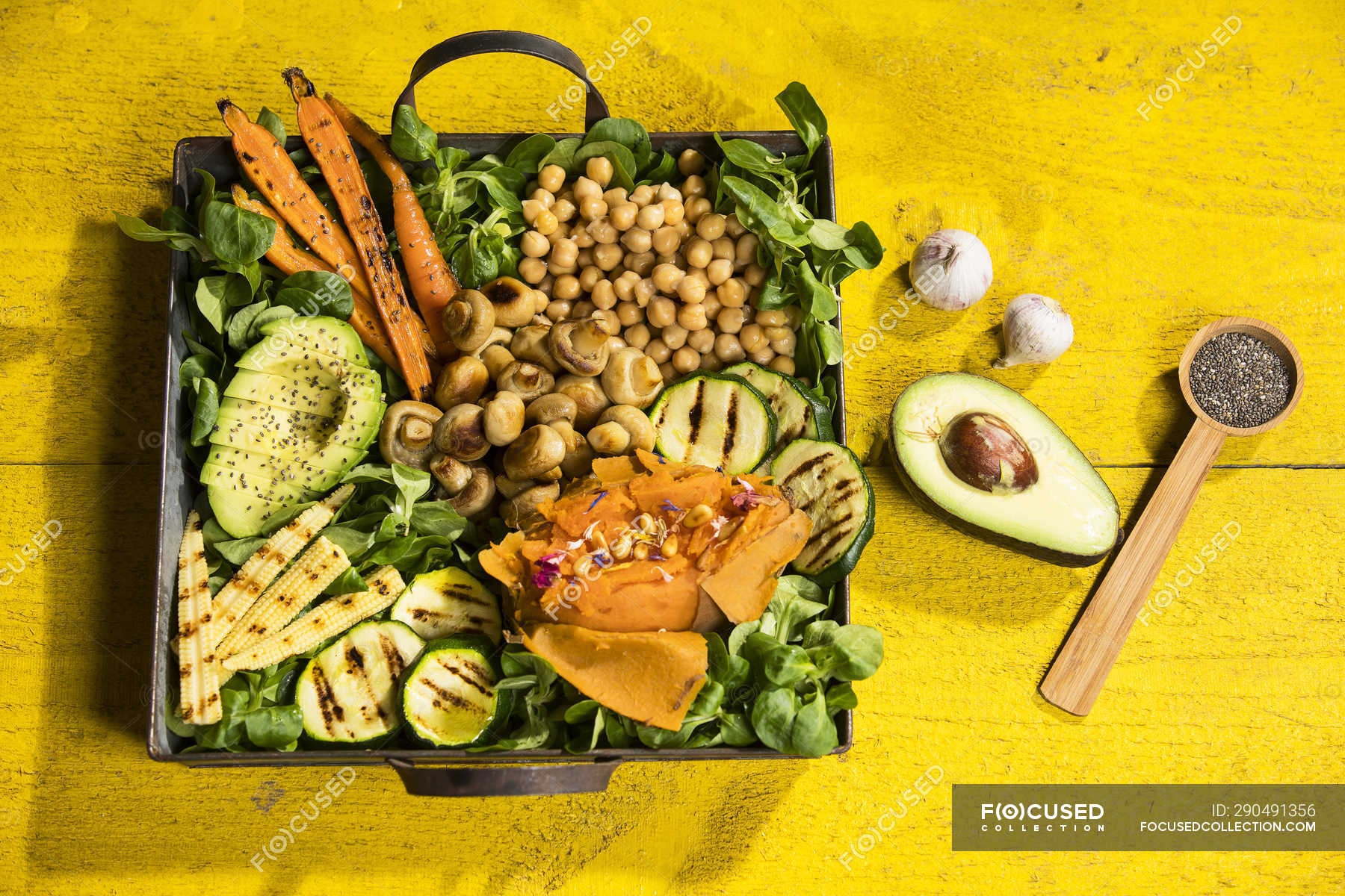 various-vegetables-lamb-s-lettuce-chia-pine-nuts-and-garlic-potato