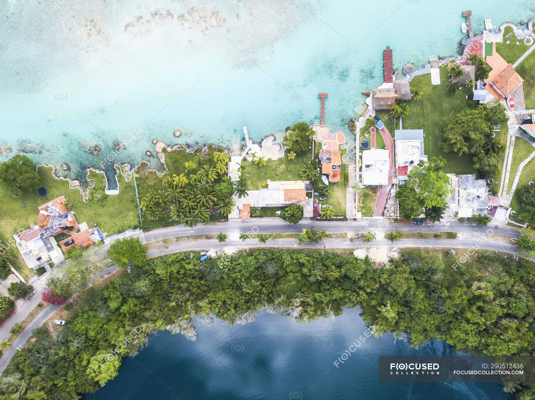 Mexiko Yucatan Quintana Roo Lagoon Of Bacalar Drone Image Sea Coast Stock Photo