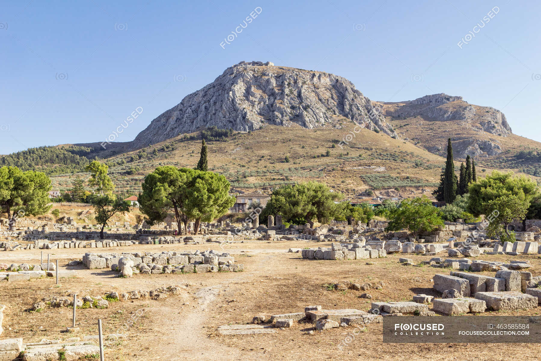 Archaeological Site With View On Acrocorinth Corinth Greece Greek Sunlight Stock Photo