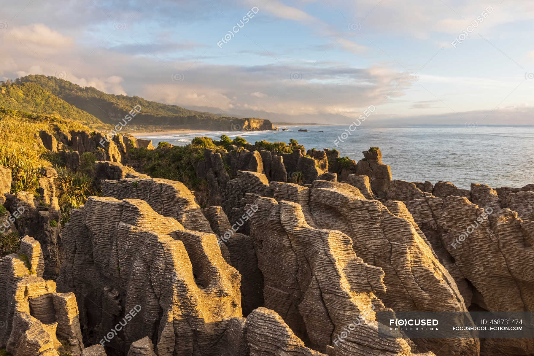 New Zealand, Buller District, Punakaiki, Limestone Pancake Rocks formation  and coastal blow hole at dusk — travel destinations, erosion - Stock Photo  | #468731474