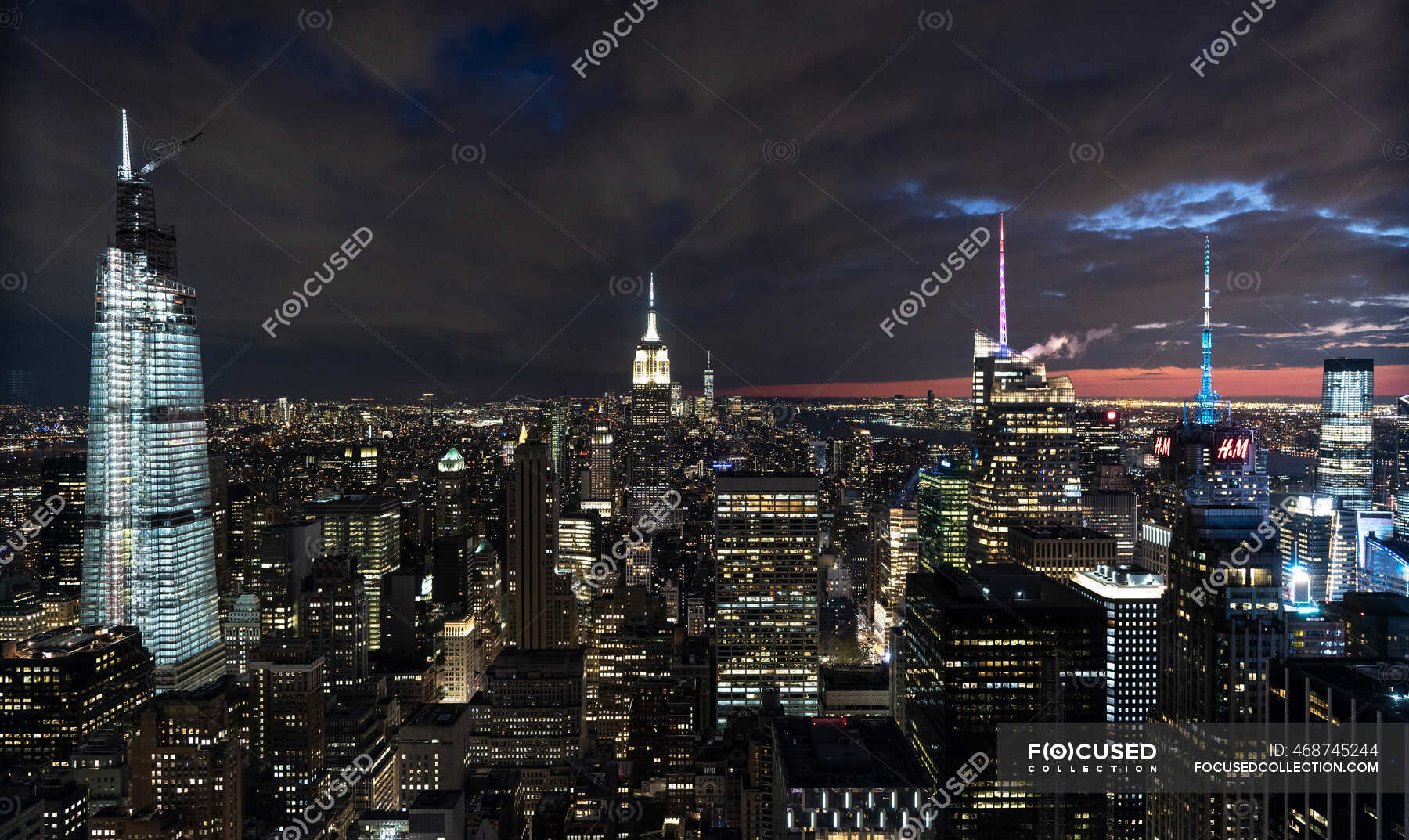 Usa New York Aerial View Of New York City Skyscrapers With Empire State Building At Night Buildings Travel Stock Photo