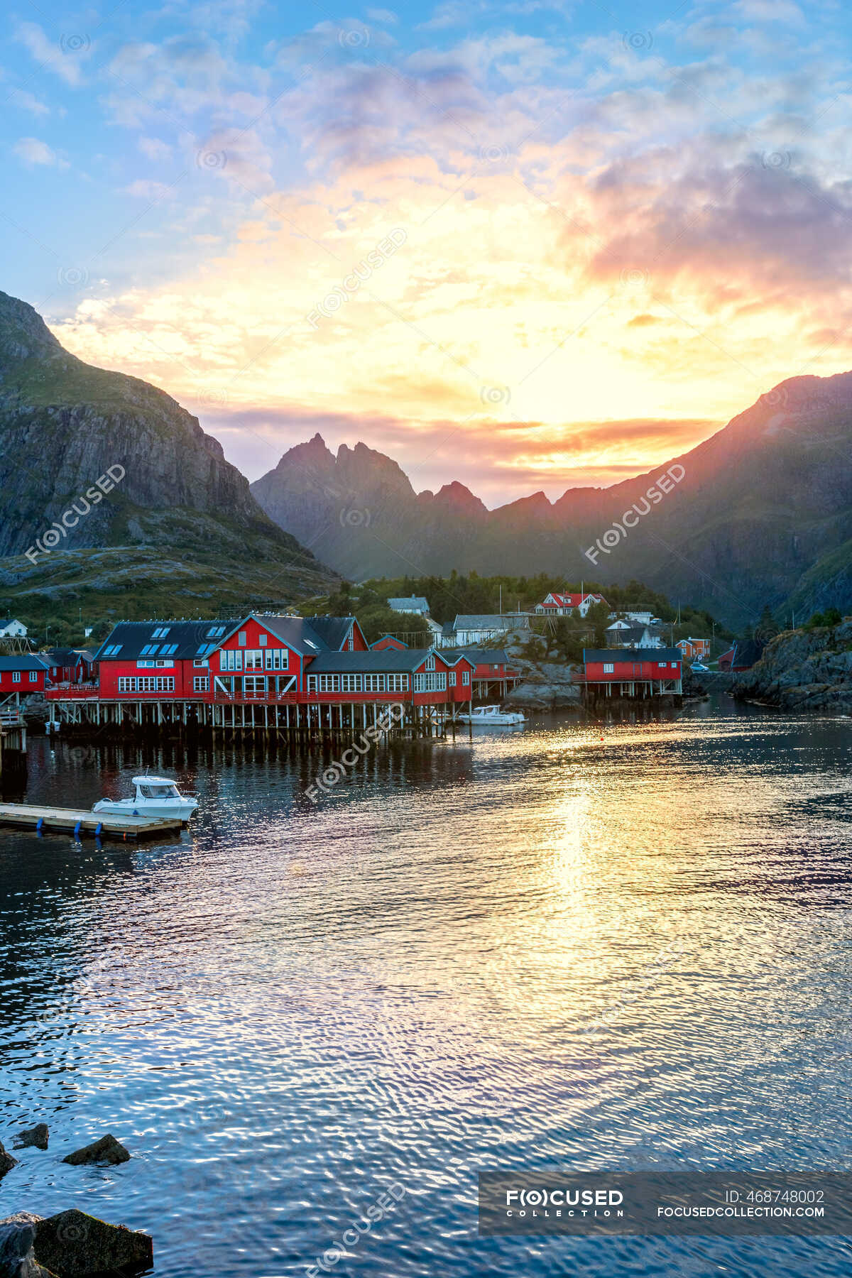 Norway Moskenes Lofoten Archipelago Fishing Village At Sunset