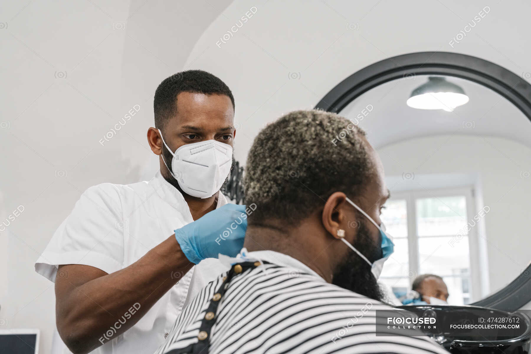 Focused 474287612 Stock Photo Barber Wearing Surgical Mask Gloves 